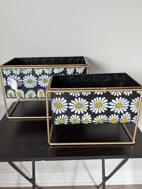 Black Daisy Print Metal Planters with Gold Frame Boho Vintage Aesthetic